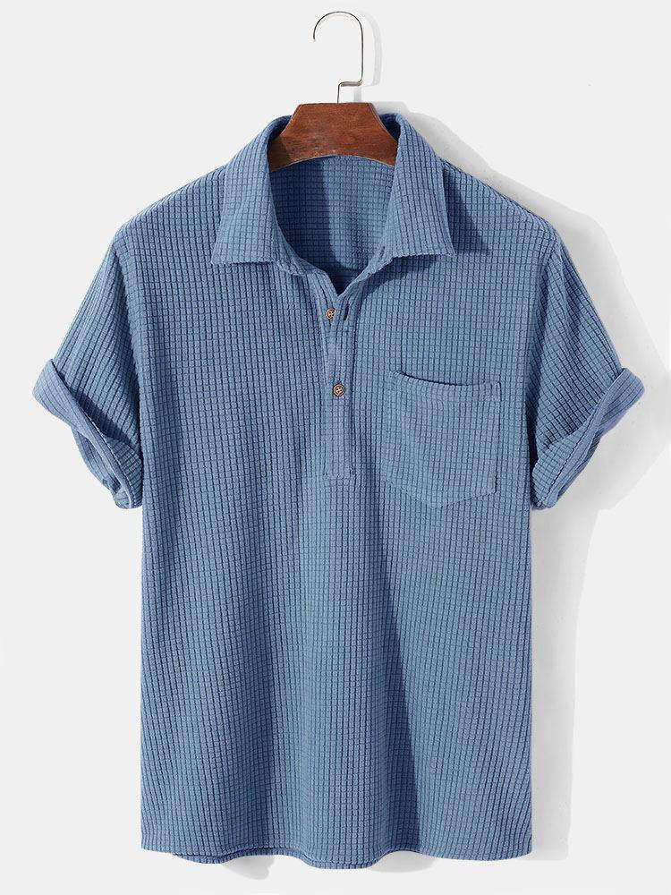 Waffle Lapel Solid Henley Shirts - blue / S - Shirts