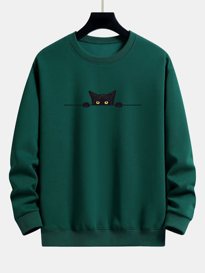 Black Cat Print Relax Fit Sweatshirt - darkgreen / XS - Sweatshirts