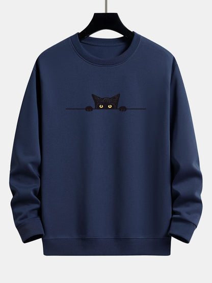 Black Cat Print Relax Fit Sweatshirt - navy / XS - Sweatshirts