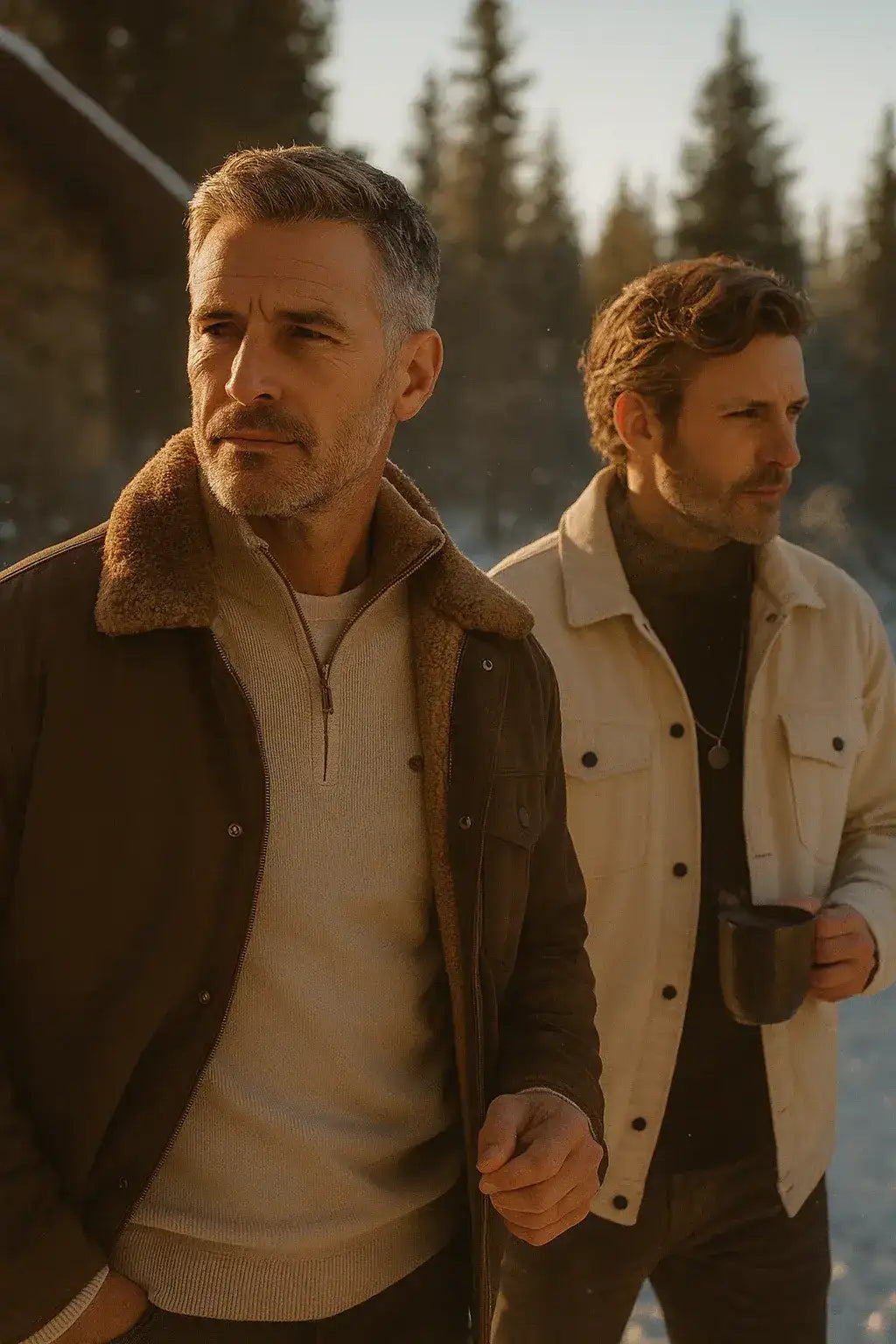 Brown shearling-lined jacket with white shirt and beige sweater underneath, dark pants.