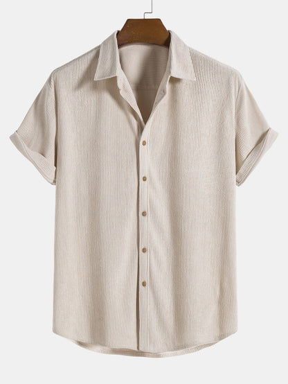 Corduroy Button Up Short Sleeved Shirt - beige / S - Shirts