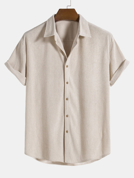 Corduroy Button Up Short Sleeved Shirt - beige / S - Shirts