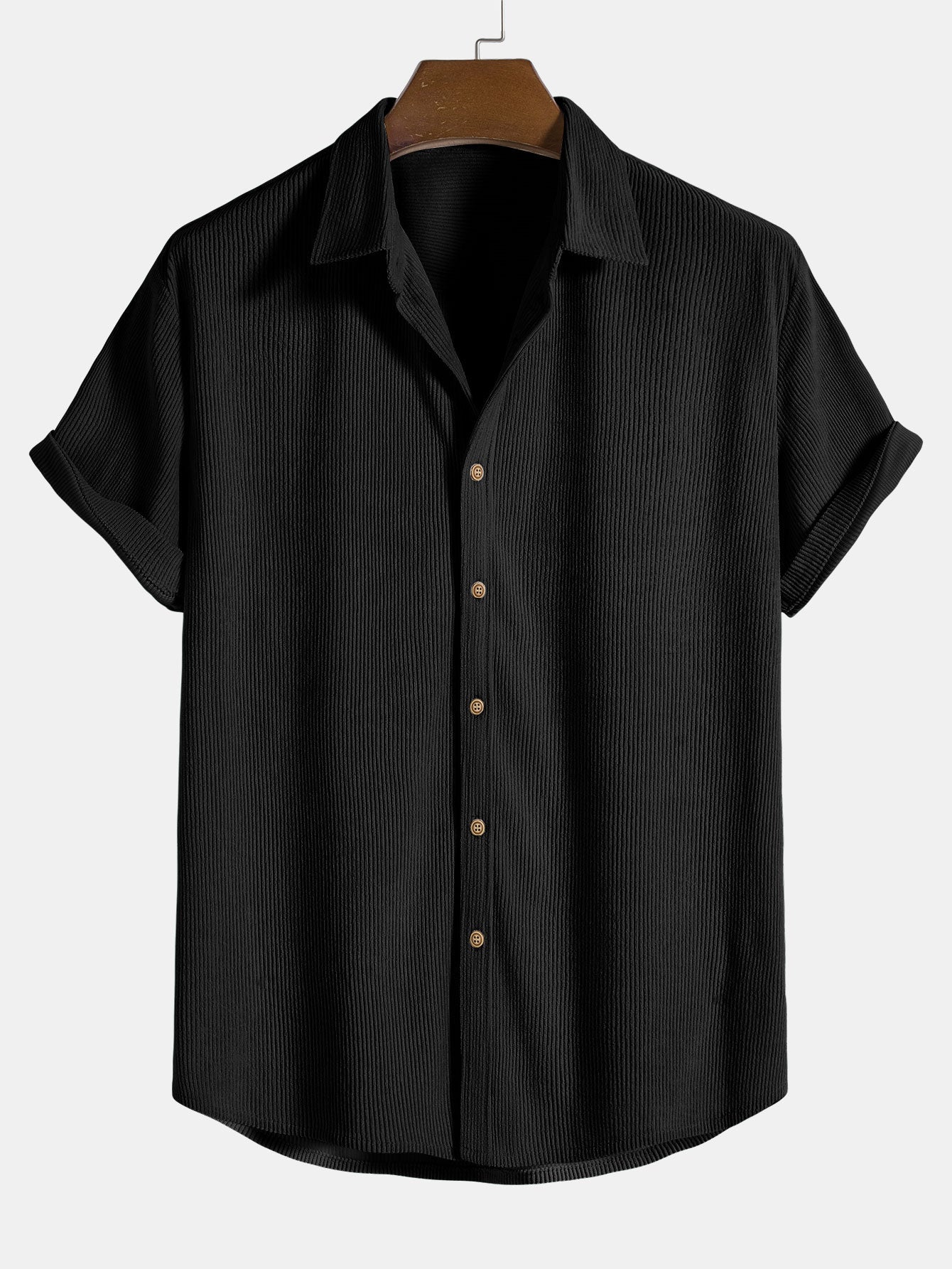 Corduroy Button Up Short Sleeved Shirt - black / S - Shirts