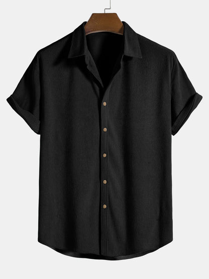 Corduroy Button Up Short Sleeved Shirt - black / S - Shirts