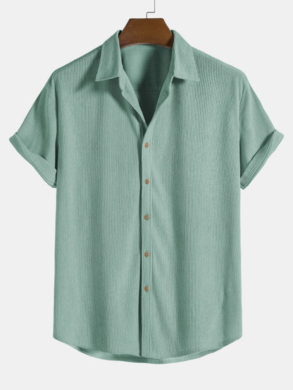 Corduroy Button Up Short Sleeved Shirt - green / S - Shirts