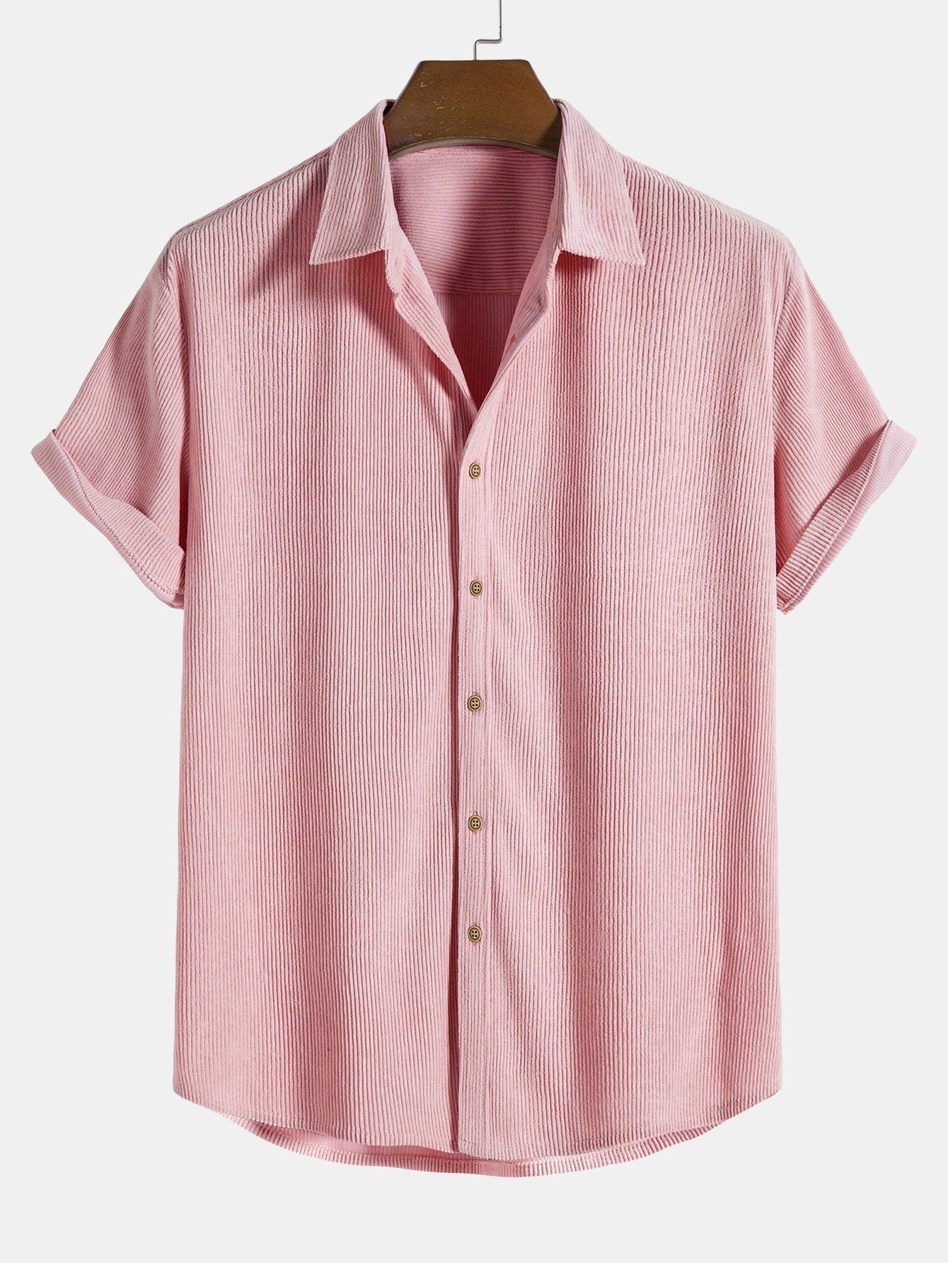 Corduroy Button Up Short Sleeved Shirt - lightpink / S - Shirts