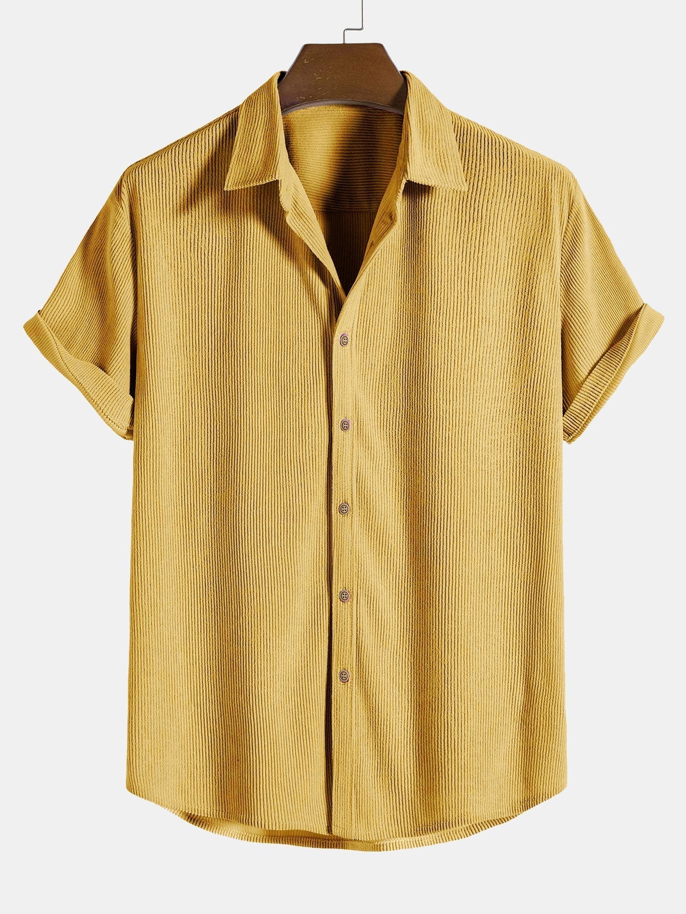 Corduroy Button Up Short Sleeved Shirt - yellow / S - Shirts