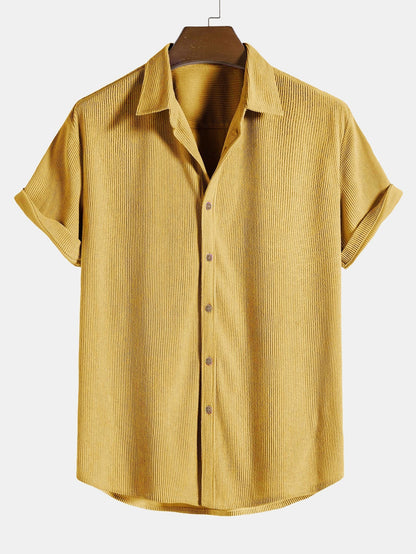 Corduroy Button Up Short Sleeved Shirt - yellow / S - Shirts