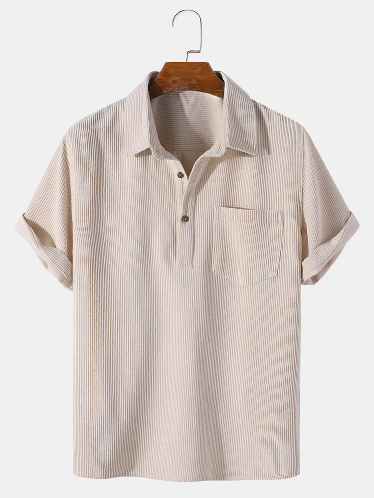 Corduroy Solid Short Sleeve Basic Shirts - beige / S - Shirts