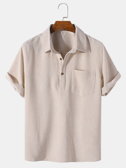 Corduroy Solid Short Sleeve Basic Shirts - beige / S - Shirts