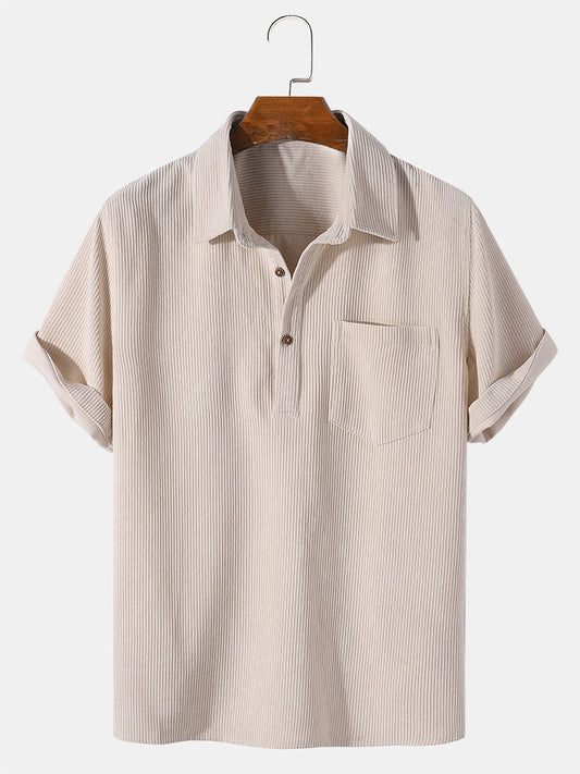 Corduroy Solid Short Sleeve Basic Shirts - beige / S - Shirts