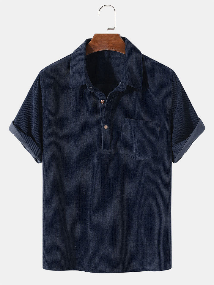 Corduroy Solid Short Sleeve Basic Shirts - darkblue / S - Shirts