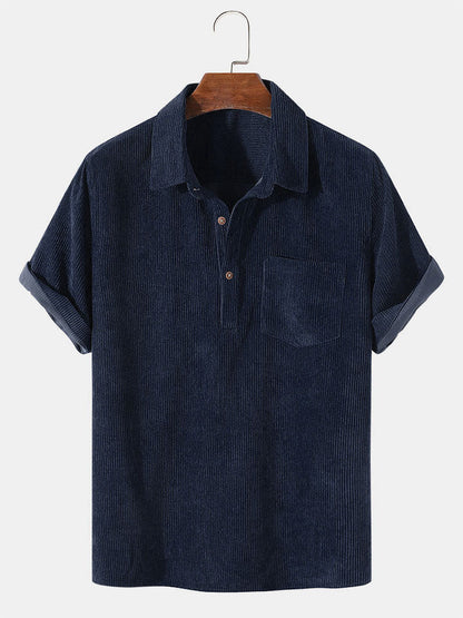 Corduroy Solid Short Sleeve Basic Shirts - darkblue / S - Shirts