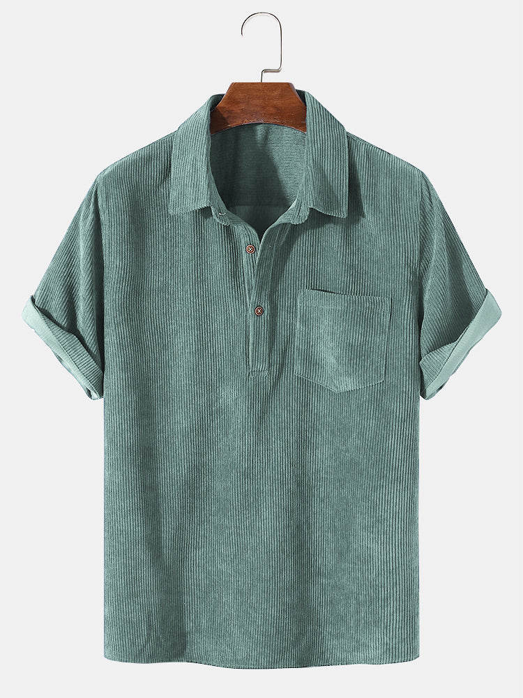 Corduroy Solid Short Sleeve Basic Shirts - green / S - Shirts