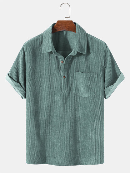 Corduroy Solid Short Sleeve Basic Shirts - green / S - Shirts