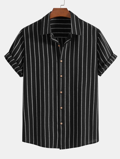 Cotton Blend Striped Button Up Shirt - black / S - Shirts