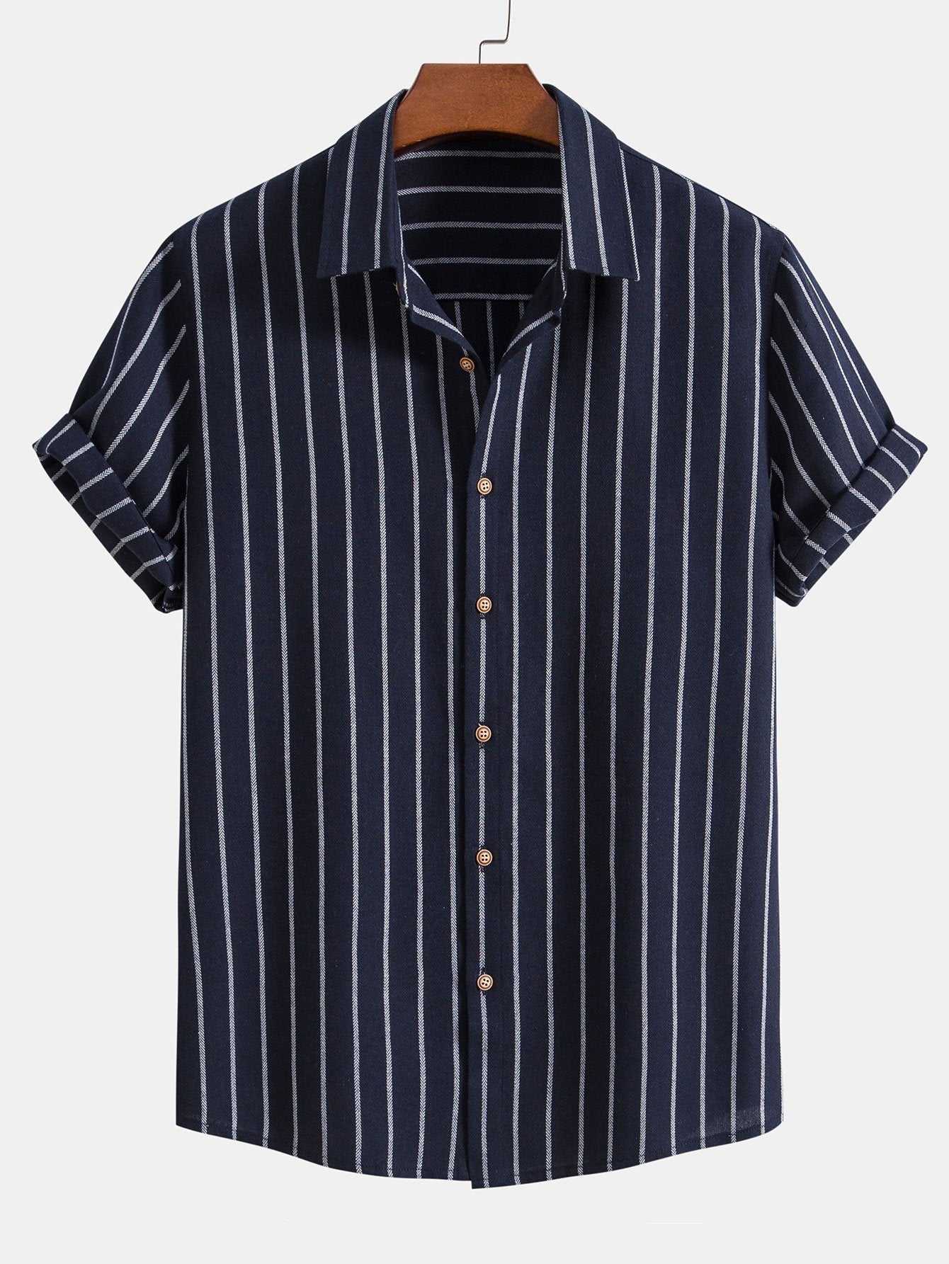 Cotton Blend Striped Button Up Shirt - navy / S - Shirts
