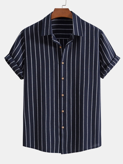 Cotton Blend Striped Button Up Shirt - navy / S - Shirts