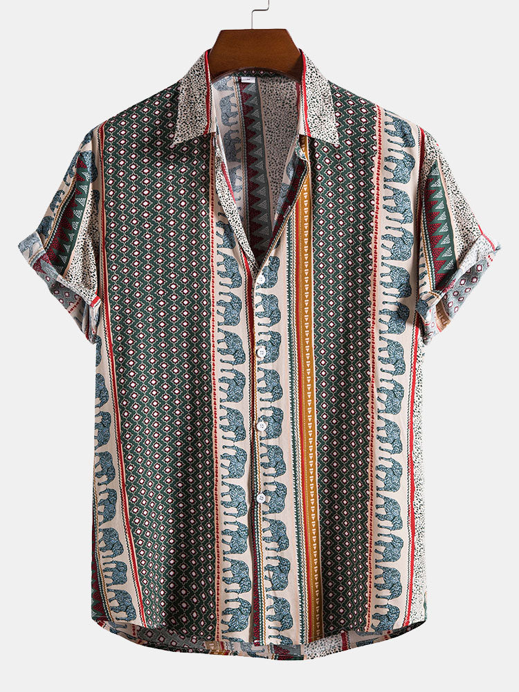 Elephant Geometric Print Shirt - darkgreen / S - Shirts