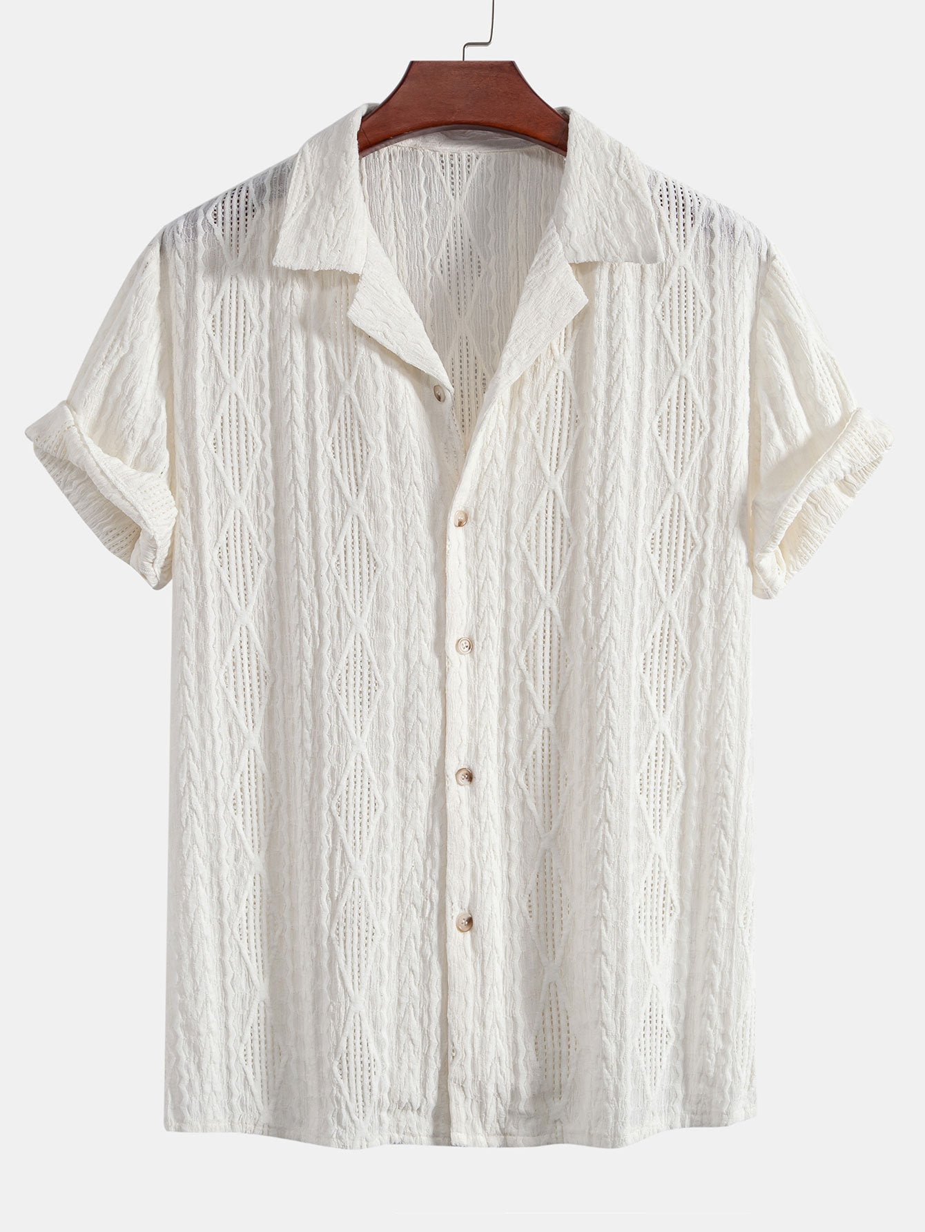 Geometric Jacquard Eyelet Cuban Shirt - beige / S - Shirts