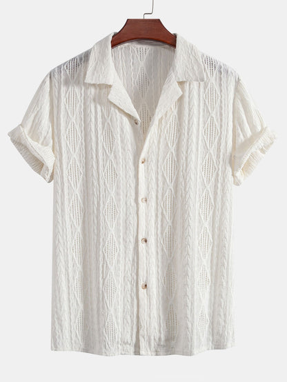 Geometric Jacquard Eyelet Cuban Shirt - beige / S - Shirts