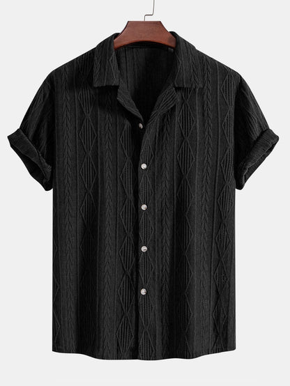 Geometric Jacquard Eyelet Cuban Shirt - black / S - Shirts