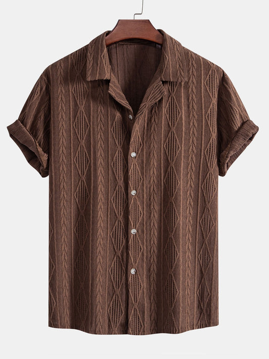 Geometric Jacquard Eyelet Cuban Shirt - coffee / S - Shirts