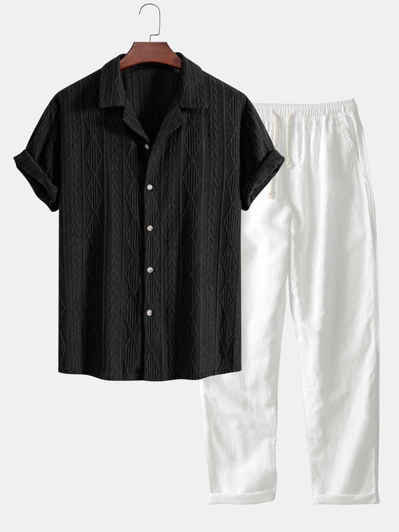 Geometric Jacquard Eyelet Cuban Shirt & Straight Leg Linen Pants - black & white / S - Two Pieces Outfits