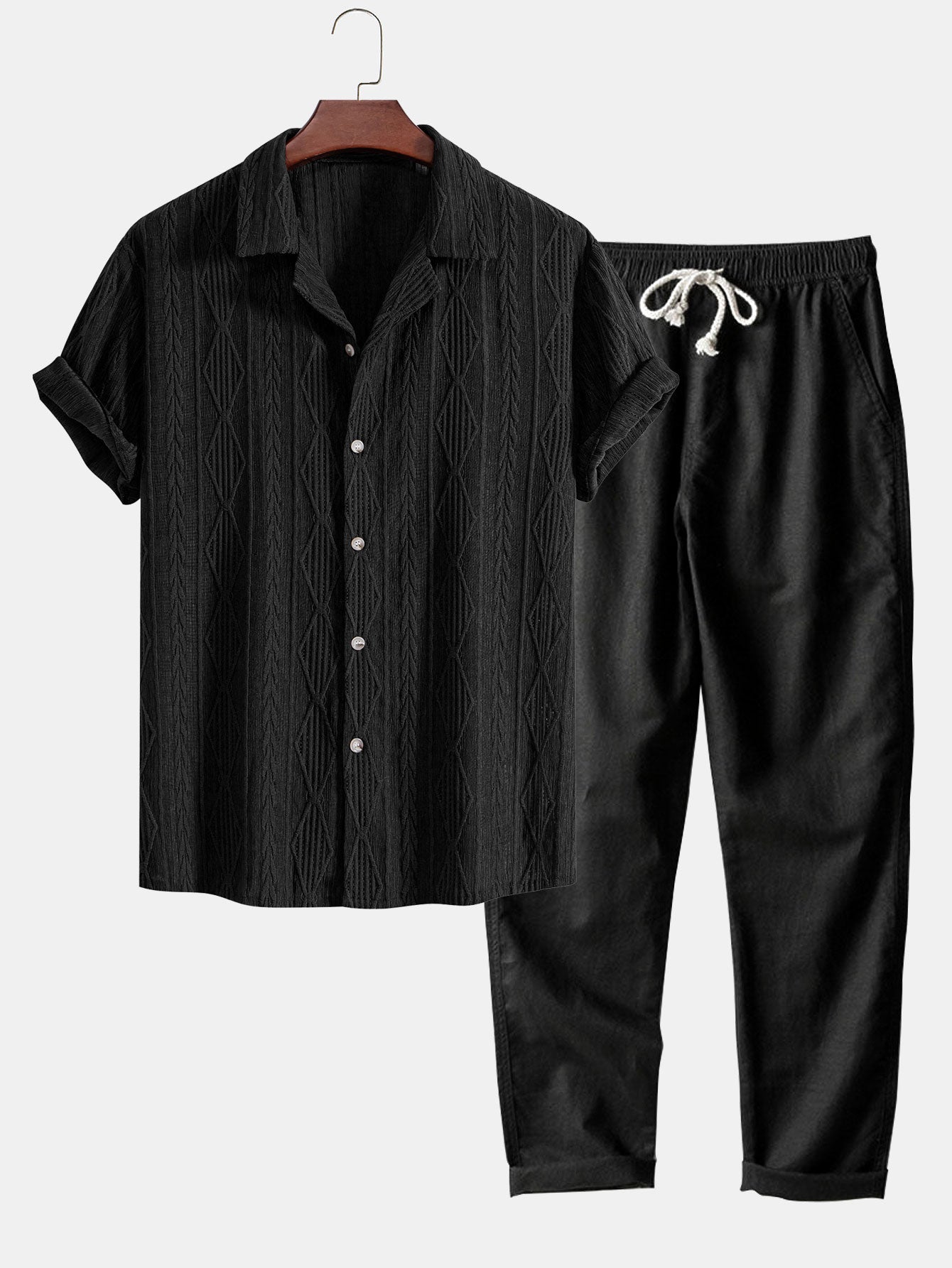Geometric Jacquard Eyelet Cuban Shirt & Straight Leg Linen Pants - black / S - Two Pieces Outfits