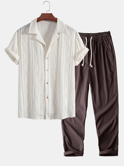 Geometric Jacquard Eyelet Cuban Shirt & Straight Leg Linen Pants - beige & coffee / S - Two Pieces Outfits