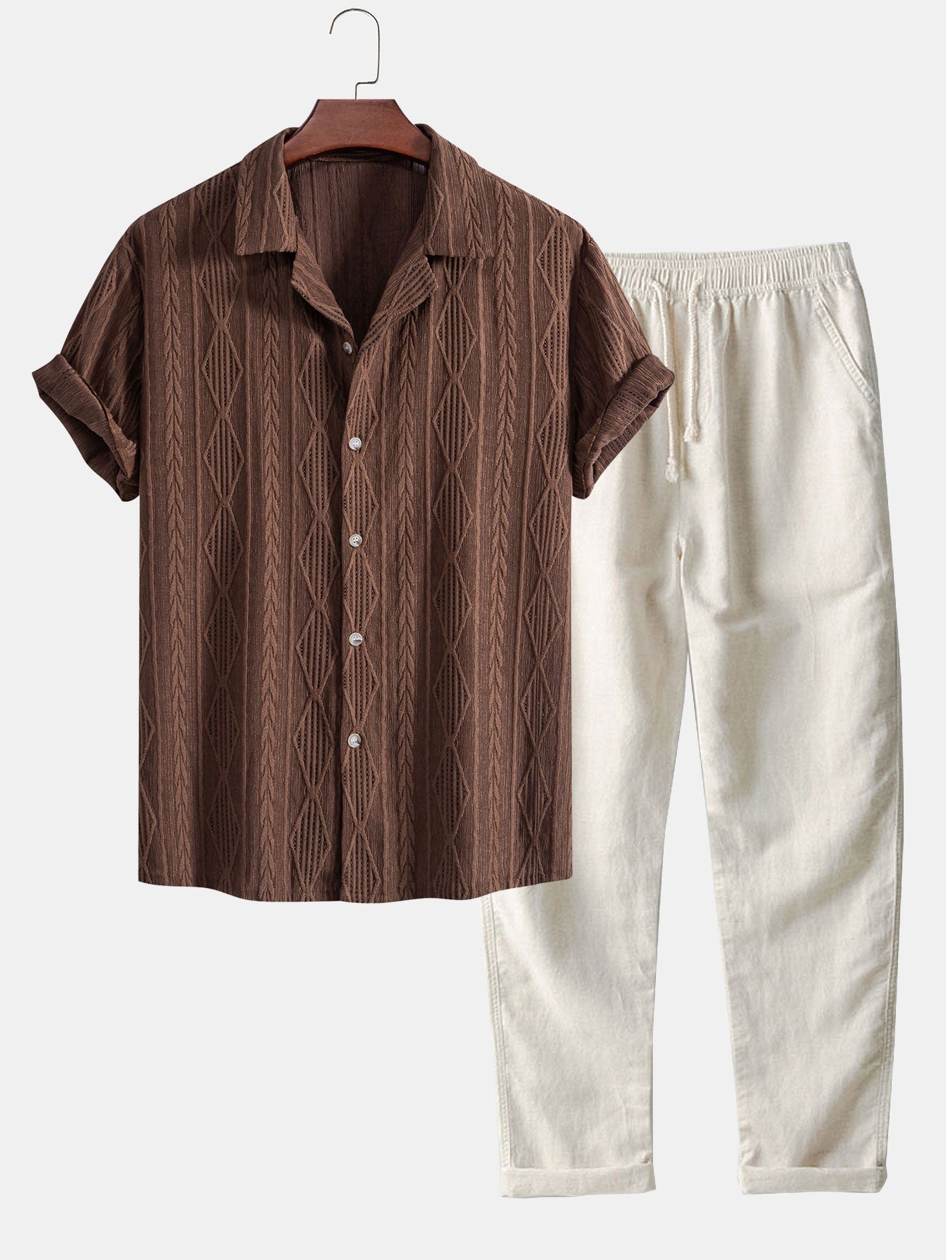 Geometric Jacquard Eyelet Cuban Shirt & Straight Leg Linen Pants - coffee / S - Two Pieces Outfits