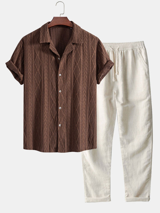 Geometric Jacquard Eyelet Cuban Shirt & Straight Leg Linen Pants - coffee / S - Two Pieces Outfits