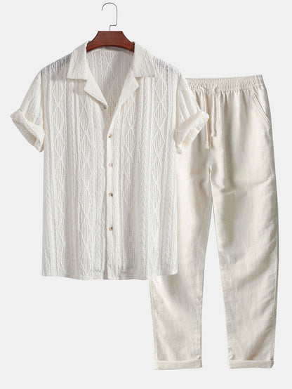 Geometric Jacquard Eyelet Cuban Shirt & Straight Leg Linen Pants - beige / S - Two Pieces Outfits