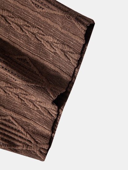 Geometric Jacquard Eyelet Cuban Shirt & Straight Leg Linen Pants - Two Pieces Outfits