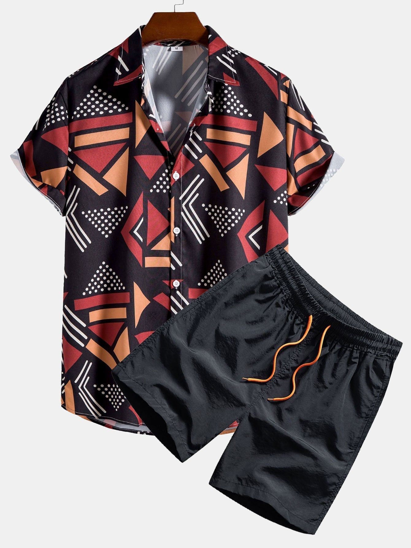 Geometric Print Shirt & Swim Shorts - black / S - Two Pieces Outfits