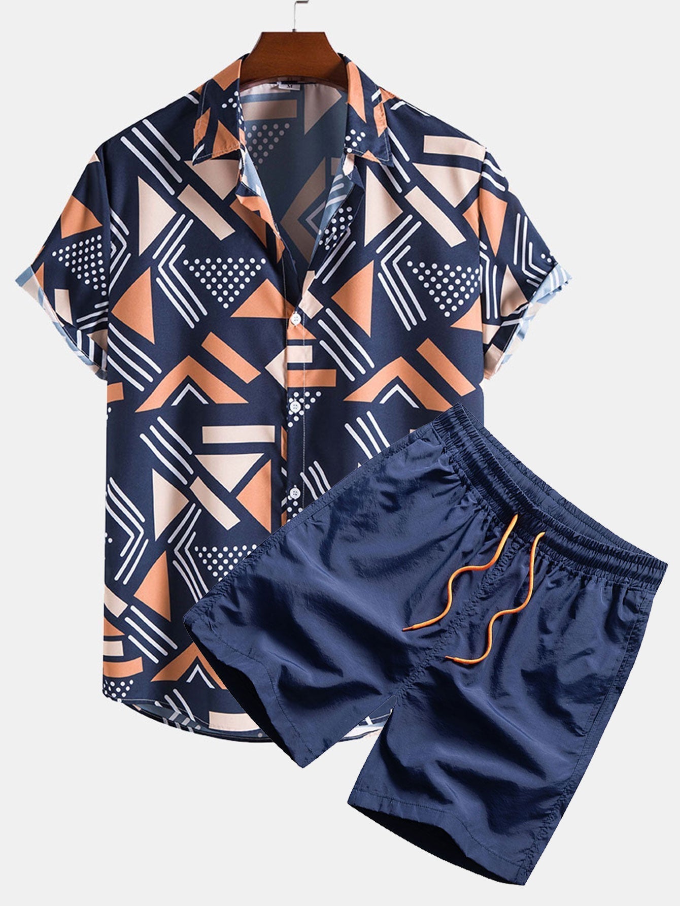 Geometric Print Shirt & Swim Shorts - navy / S - Two Pieces Outfits