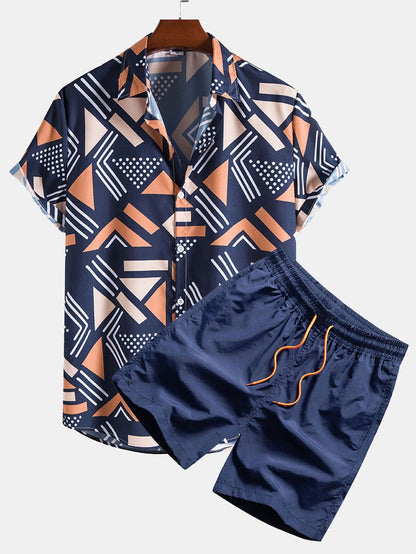 Geometric Print Shirt & Swim Shorts - navy / S - Two Pieces Outfits