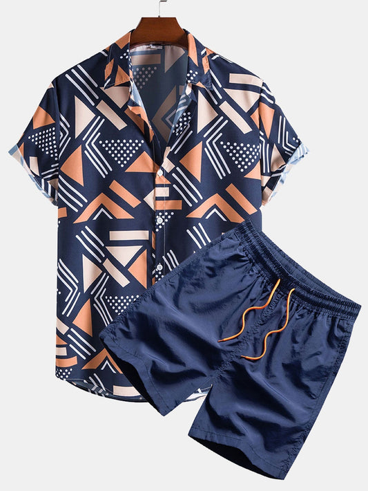 Geometric Print Shirt & Swim Shorts - navy / S - Two Pieces Outfits