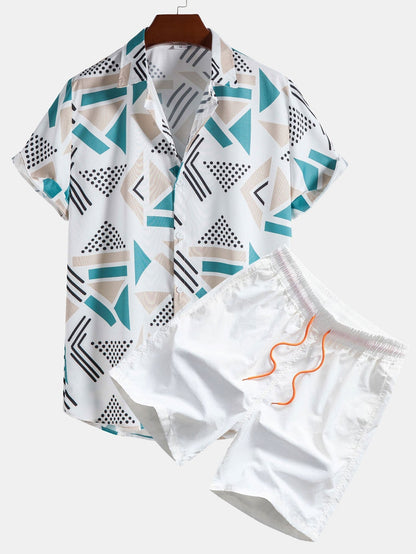 Geometric Print Shirt & Swim Shorts - white / S - Two Pieces Outfits