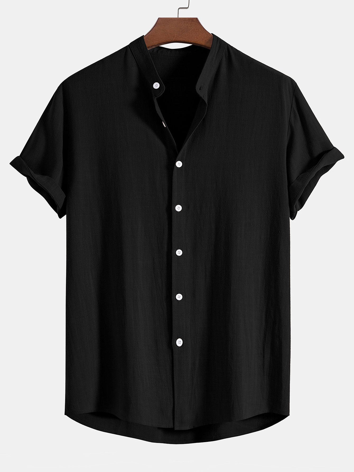 Linen And Rayon Blend Stand Collar Shirt - black / S - Shirts