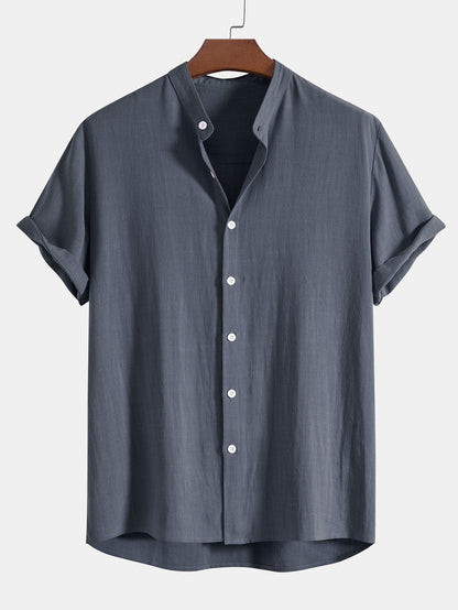 Linen And Rayon Blend Stand Collar Shirt - gray / S - Shirts