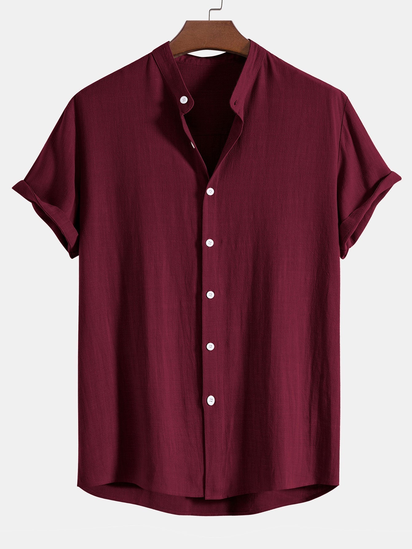 Linen And Rayon Blend Stand Collar Shirt - maroon / S - Shirts
