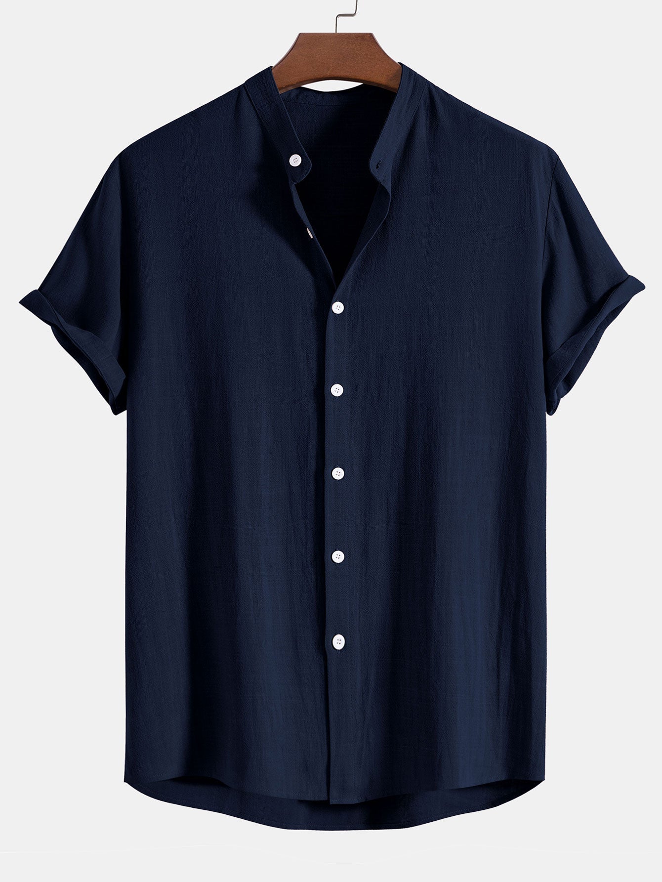 Linen And Rayon Blend Stand Collar Shirt - navy / S - Shirts