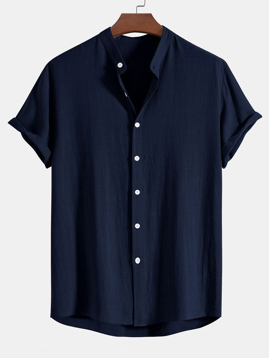 Linen And Rayon Blend Stand Collar Shirt - navy / S - Shirts