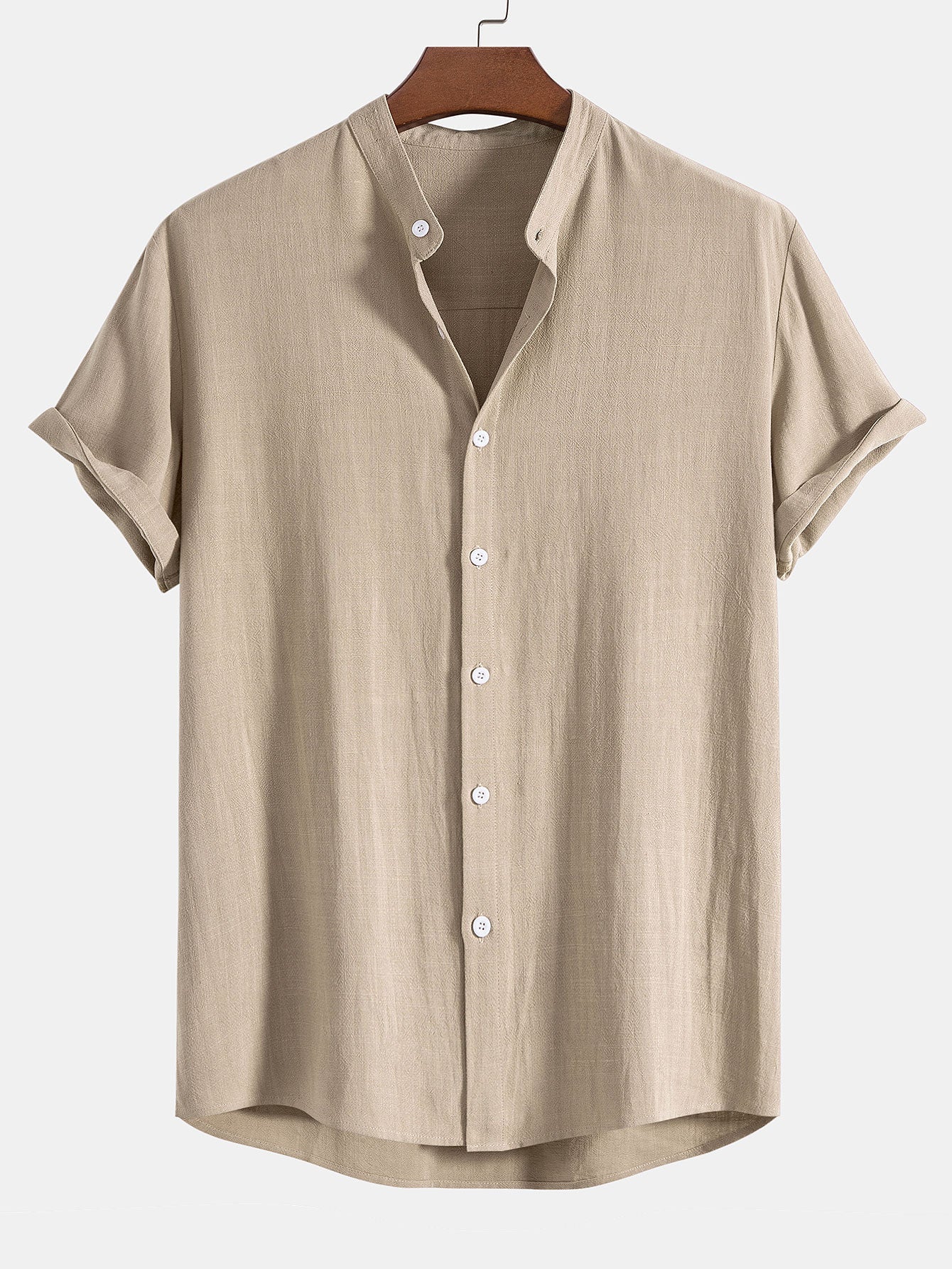Linen And Rayon Blend Stand Collar Shirt - tan / S - Shirts