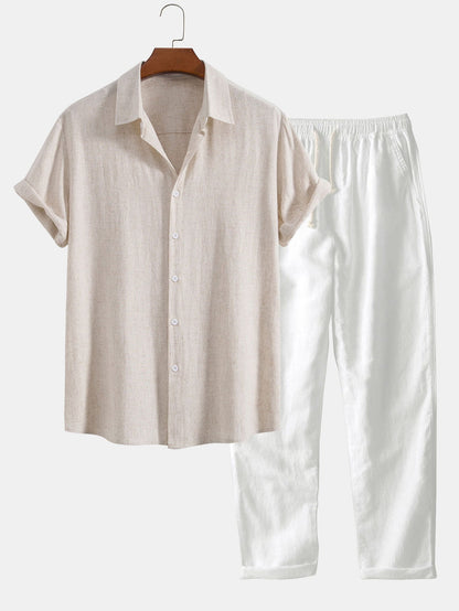 Linen Rayon Blend Button Up Shirt & Straight Leg Linen Pants - beige / S - Two Pieces Outfits