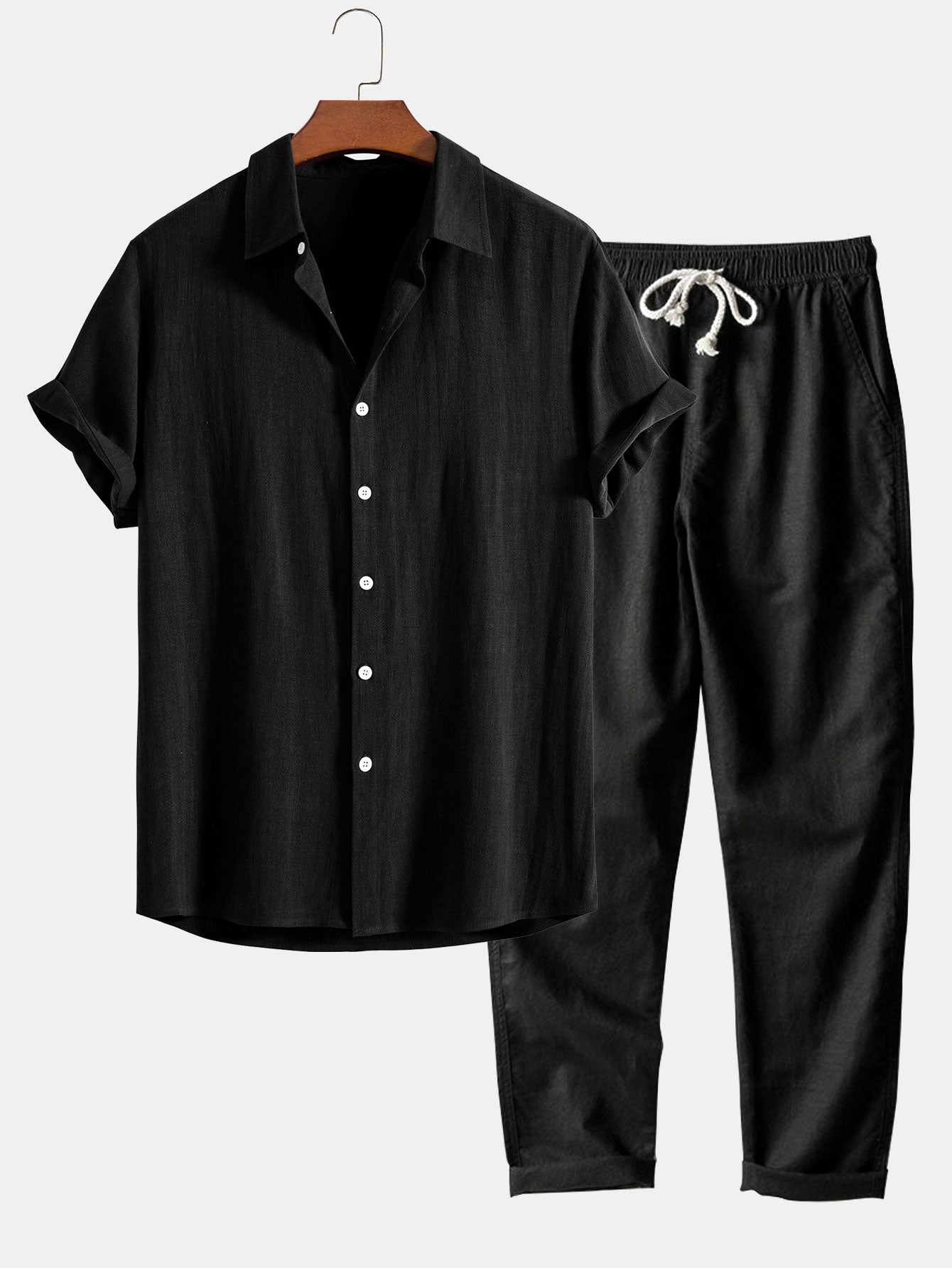 Linen Rayon Blend Button Up Shirt & Straight Leg Linen Pants - black / S - Two Pieces Outfits