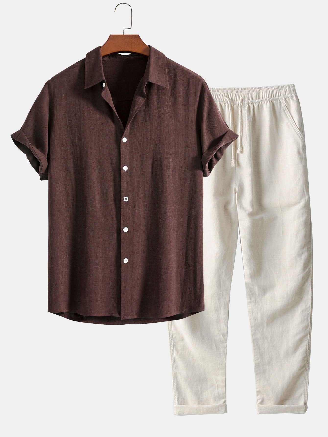 Linen Rayon Blend Button Up Shirt & Straight Leg Linen Pants - coffee / S - Two Pieces Outfits