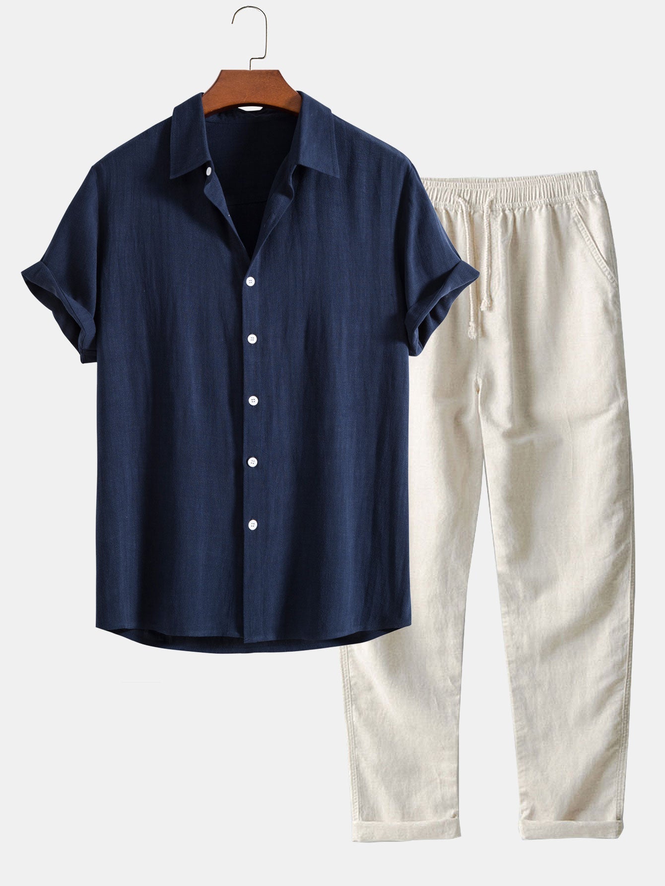 Linen Rayon Blend Button Up Shirt & Straight Leg Linen Pants - navy / S - Two Pieces Outfits