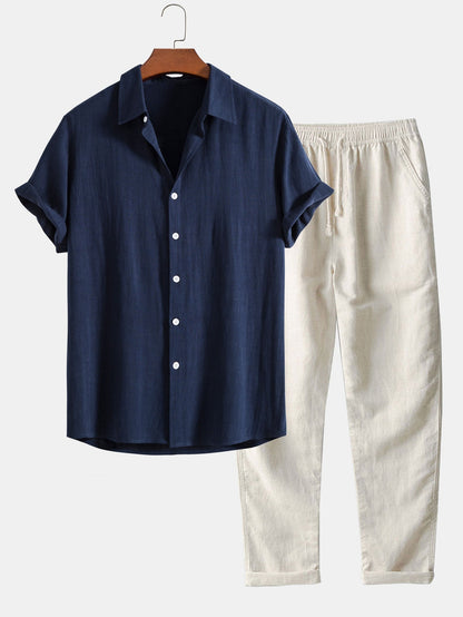 Linen Rayon Blend Button Up Shirt & Straight Leg Linen Pants - navy / S - Two Pieces Outfits